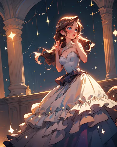 **beautiful opera singer, white sparkiling dress, long brown hair, blue eyes, lush lips, blush, singing, fantastic opera setting, stars, sparkles, anime art, --ar 2:3 --s 180** - (fast)