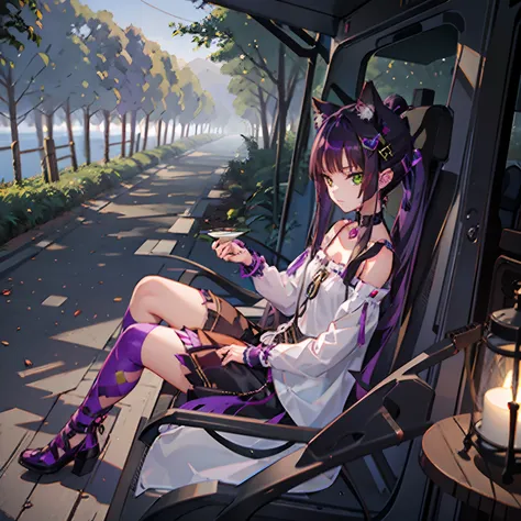 cheshire cat, metallic chocker, long hair, medium hair, purple hair, animal ears, cat ears original, 1girl, (solo), scenery, sce...