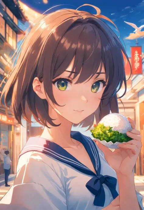 animesque　a beauty girl　hairstyle is short bob　boyish　hi-school girl　校服　a sailor suit　Ribbon at chest　In the school　Big mouth open　Holding rice balls wrapped in oversized seaweed in both hands、Im about to eat　The face is expressionless　The season is autumn