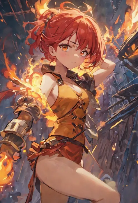 A female pirate blacksmith, cosmic future aesthetic, fiery red and yellow hair, strong body, tan skin, metal prosthetic arm, arrogant thug, smoking a cigarette