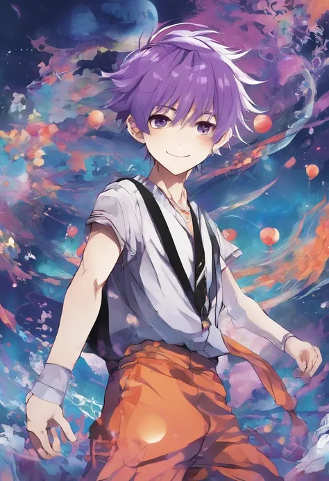 The purple-haired boy can be seen all over his body handsome, smiling, and tall