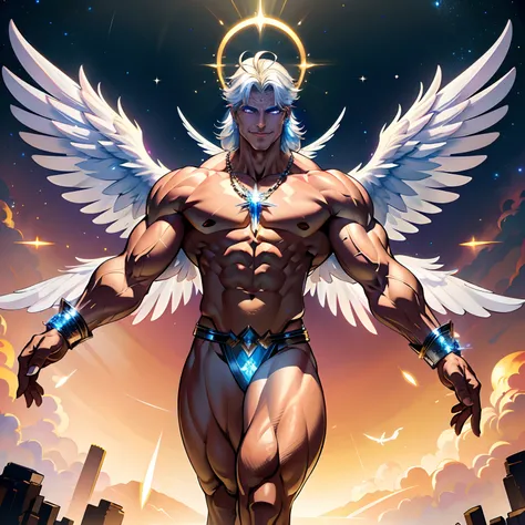 ((masterpiece)), ((8k resolution)), ((a  angelic super villian)), white eyes, in heaven, muscular, strong, (((4k))), ((((highly detailed)))), strong, aura, glow, crystals, posing, feathers, halo, full body view, smiling