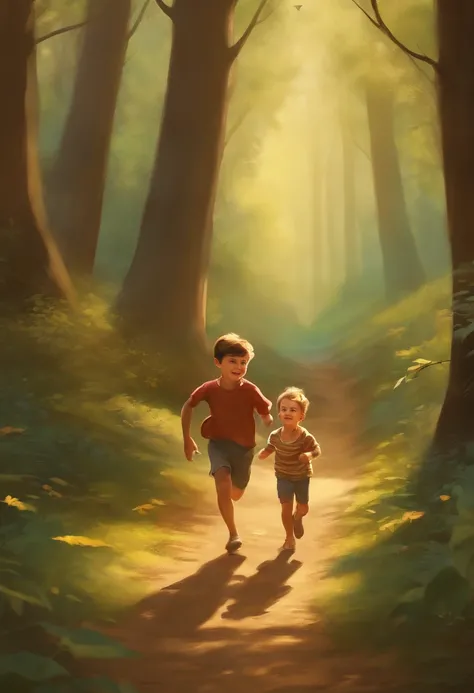 A  cute gild and  cute  boy run to Forest