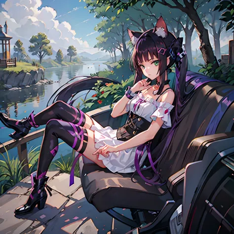 cheshire cat, metallic chocker, long hair, medium hair, purple hair, animal ears, cat ears original, 1girl, (solo), scenery, sce...