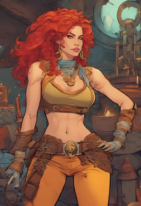 A female pirate blacksmith, cosmic future aesthetic, fiery red and yellow hair, strong body, curvaceous features, tan skin, fire manipulation, metal arm, thuggish, smug grin, hyper detailed, masterpiece.