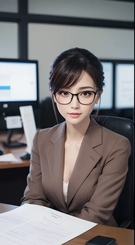 masutepiece, Best Quality, Ultra-detailed, finely detail, hight resolution, in 8K, Perfect dynamic composition, Beautiful detailed eyes, Natural Lip, A dark-haired、(Chignon)、eye glasses、serious facial expression、(Business suits , s Office)、full body Esbian...