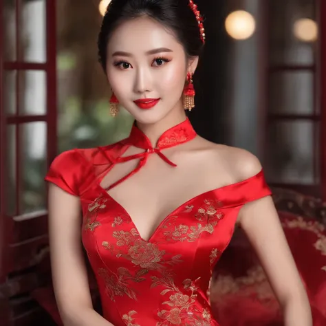 A beautiful Chinese model in a gorgeous slim-fitting red cheongsam，Voluptuous and sexy，The background is on the stage，HD face，Bright eyes。