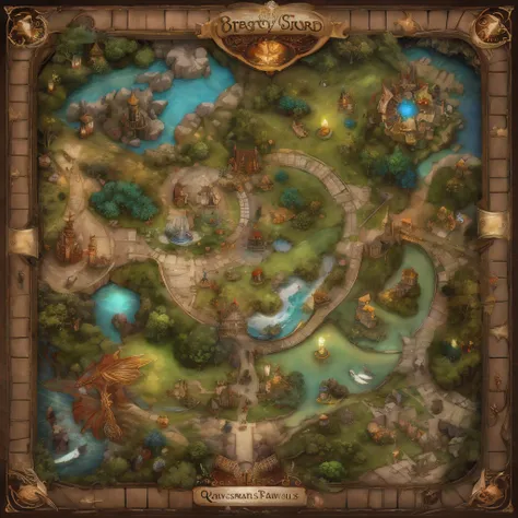 fantasy board game template,top view,3D render,ultra-detailed,map with color and number squares,mythical creatures,fairy tale characters,magical elements,vibrant colors,stunning art,illustration style,beautifully textured board,surreal landscapes,and intri...