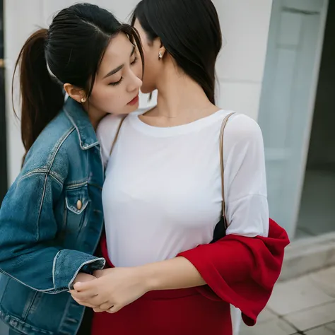 Two women, Face, holding each other, Through gaps in clothes, The nipple is visible