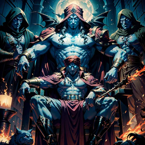 Castlevania Hyper Realistic Shadow Lord Super Detailed Dynamic Shot Master Piece of Lord Dracula Medieval Arab Warrior with Red Turban Scary Face Hokuto No Ken Structure Muscular Face Kenshiro sitting in his legendary Moroccan throne surrounded by demons a...