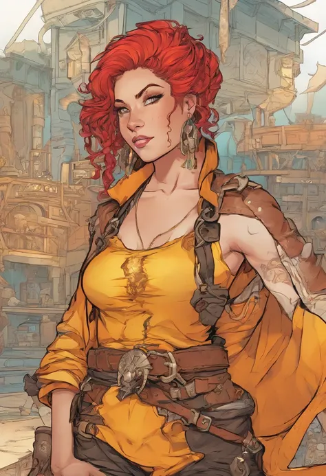 A female pirate blacksmith, cosmic future aesthetic, fiery red and yellow hair, strong body, curvaceous features, tan skin, fire manipulation, black tank top, leather pants, gold jewelry, thuggish, smug grin, hyper detailed, masterpiece.