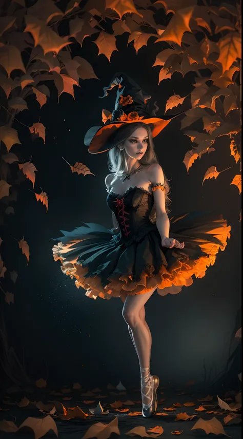 halloween theme,A ballerina,Wear a Halloween costume,ballet slippers,Vivid colors,Light jump,wings,A calm and delicate posture,Mesmerizing pointe technique,Delicate and precise footwork,Exquisite balance and control.Witch hat,Spooky makeup,background insid...