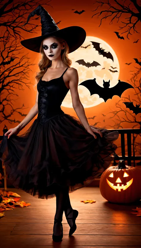 halloween theme,A ballerina,Wear a Halloween costume,ballet slippers,Vivid colors,Light jump,wings,A calm and delicate posture,Mesmerizing pointe technique,Delicate and precise footwork,Exquisite balance and control.Witch hat,Spooky makeup,background insid...