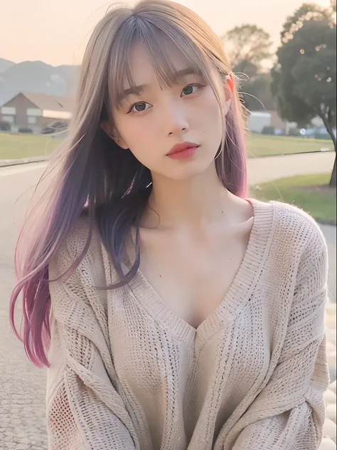 mix4,(top-quality), (Photorealsitic),(A little rural background:1.2), 1womanl, The upper part of the body, High Detail Face,, (Silver hair)、 (8K)、（Long bangs:1.5）、(medium-Long hair:1.6)、Strong eyes、Delicate and realistic skin and hair、（cowboy  shot:1.5）、Ov...