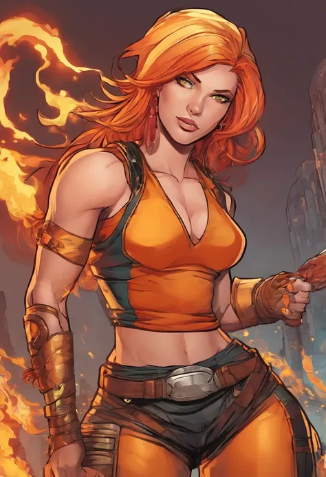 A female demigod, futuristic, wild red and yellow hair, orange eyes, toned muscles, curvaceous body, tan skin, fire manipulation, black tank top, leather pants, gold jewelry, thuggish, smug grin, hyper detailed, masterpiece.