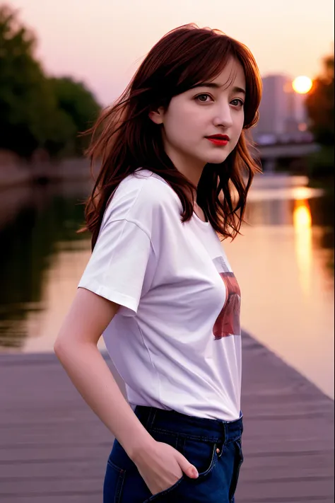 Best quality  long hair , , Caucasian Allison Mack , red lips , women , dark hair   , happy , blurry, soft skin, , expressive eyes , , , at   river sunset  ,,  ,  t-shirt,  jens pants