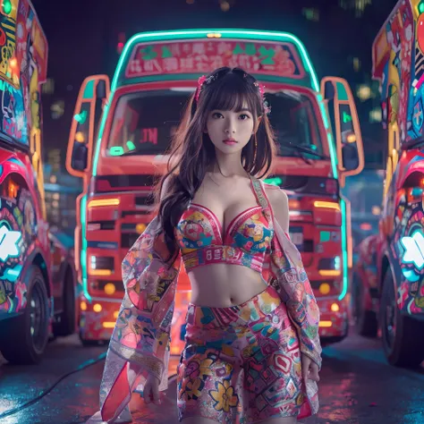 8k, top-quality, (pubic hair beauty)、hight resolution, realisticlying, realperson, Photo: Glamorous「Dekotora」Confident on top of々Girl Standing (Decorated Trucks) With dazzling neon lights. The tracks are covered with intricate designs and shimmering decora...