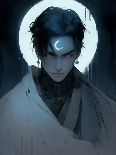 a close up of a person with a moon on their forehead, handsome guy in demon slayer art, by tyler jacobson, handsome japanese dem...