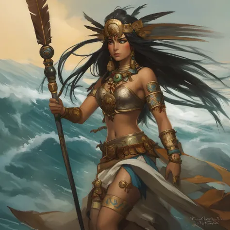 a painting of a woman with a spear and a feather, portrait of mermaid warrior, aztec warrior goddess, atlantean warrior, warrior woman, mystical atlantean valkyrie, north female warrior, female warrior, apsaras warrior, a beautiful woman warrior, beautiful...