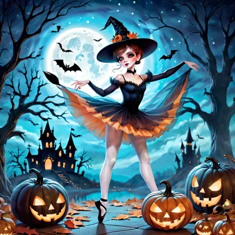 halloween theme,A ballerina,Wear a Halloween costume,ballet slippers,Vivid colors,Light jump,wings,A calm and delicate posture,Mesmerizing pointe technique,Delicate and precise footwork,Exquisite balance and control.Witch hat,Spooky makeup,background insid...