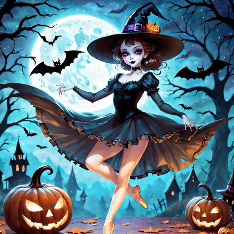 halloween theme,A ballerina,Wear a Halloween costume,ballet slippers,Vivid colors,Light jump,wings,A calm and delicate posture,Mesmerizing pointe technique,Delicate and precise footwork,Exquisite balance and control.Witch hat,Spooky makeup,background insid...