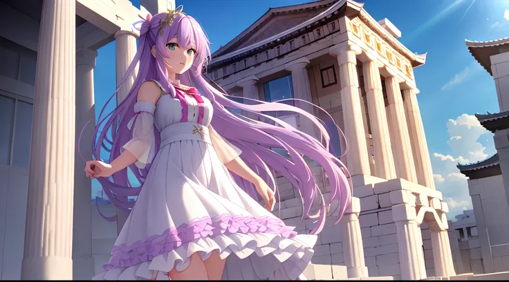 Athena with plain long light purple hair,hair between eyes,green eyes,rosy cheeks,full lips,thin eyebrows,slender body,wearing frills ribbons lace dress and full long skirt,cute anime girl,full body,athens temple roof in background,anime style,Lumen Reflec...