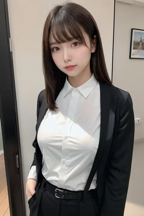 ​masterpiece、flat-colors、depth of fields、lens flare 1 girl、、Brown hair、watching at viewers　　　　a belt　black suspenders　Social OL　　　ample bosom　　　 　 Armpit sweat　perspiring　Side of both hands　　walls: Black Suit　Black pants, Black jacket