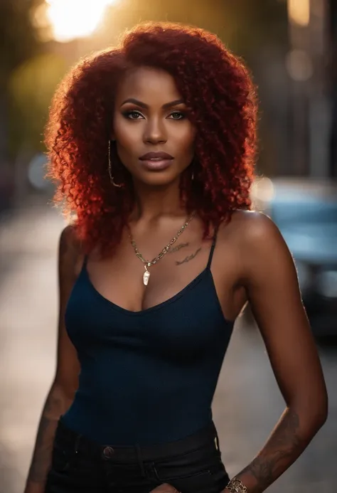 best quality, masterpiece, red  hair, blue eyes, upper body, l Gorgeous background, 2 black girl with big tittys tight shirt cute brown  eyes with a little bit of tattoos in between her chest, outside with  chain on  dark red curl hair wit money in her han...