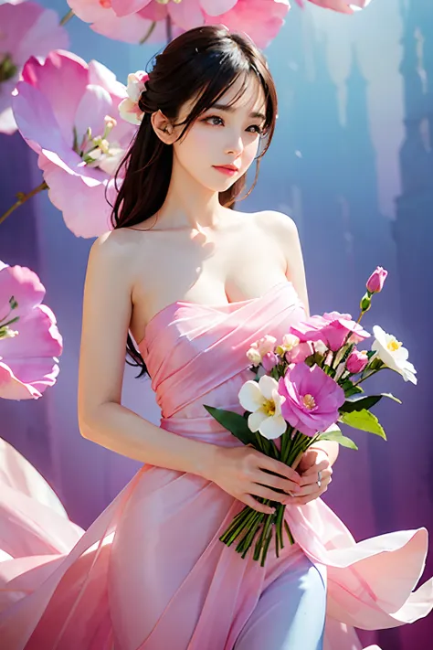 1girl,flower, Lisianthus ,in the style of light pink and light azure, dreamy and romantic compositions, pale pink, ethereal foliage, playful arrangements,fantasy, high contrast, ink strokes, explosions, over exposure, purple and red tone impression , abstr...