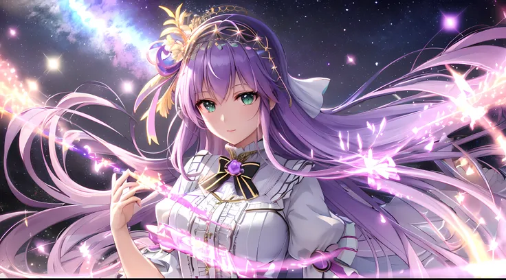 Athena with plain long light purple hair,hair between eyes,green eyes,rosy cheeks,full lips,thin eyebrows,slender body,wearing black frills ribbons lace dress and full long skirt,cute anime girl,full body,desert night sky nebulae and stars in background,an...