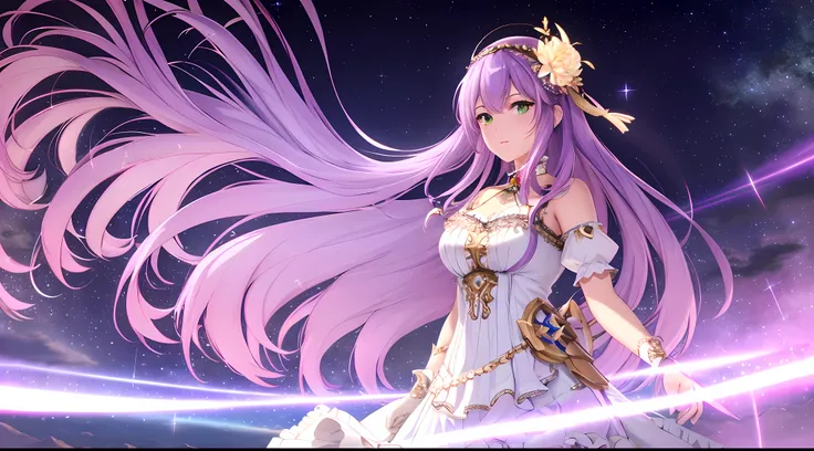 Athena with plain long light purple hair,hair between eyes,green eyes,rosy cheeks,full lips,thin eyebrows,slender body,wearing black frills ribbons lace dress and full long skirt,cute anime girl,full body,desert night sky nebulae and stars in background,an...