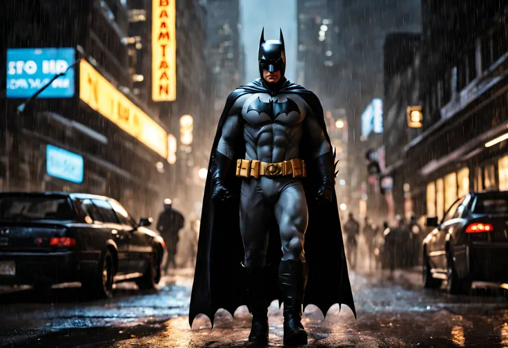 (best quality, 4k, 8k, high resolution, masterpiece: 1.2), ultra detailed, (realistic, photorealistic, photorealistic: 1.37),A detailed depiction of Batman in a dark and rainy Gotham City, con expresiones intensas en el rostro. The scene shows Batman weari...