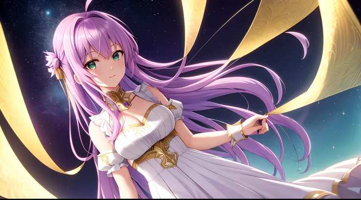 Athena with plain long light purple hair,hair between eyes,green eyes,rosy cheeks,full lips,thin eyebrows,slender body,wearing golden armored frills ribbons lace dress and full long skirt,cute anime girl,full body,desert night sky nebulae and stars in back...