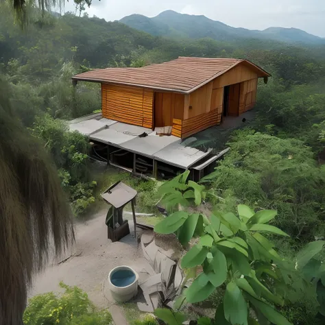 Dibuja una casa de madera de cuatro pisos, con techo de calamina y con tabla. Ubicado en medio de una chacra. Shady cassava around, arboles frutales en la selva de Moyobamba, Peru.