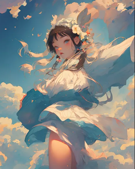 Cute girl anime illustration white fluff cloud angel