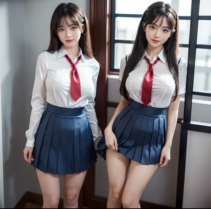 top-quality, 4K picture quality, ​masterpiece, Professional lighting without shadows, A hyper-realistic, perfect anatomia, Two girls, (Proudly stand in front of the camera、With a girl showing off a ribbon tie, Another girl on the other side bends down next...