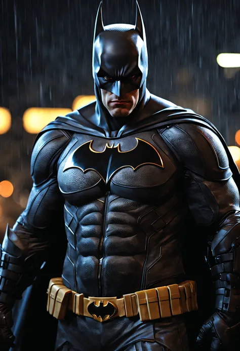 (best quality, 4k, 8k, high resolution, masterpiece: 1.2), ultra detailed, (realistic, photorealistic, photorealistic: 1.37),A detailed depiction of Batman in a dark and rainy Gotham City, con expresiones intensas en el rostro. The scene shows Batman weari...