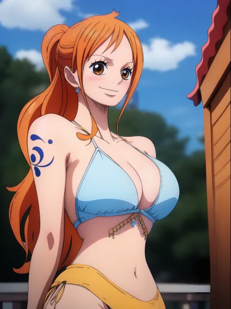 nami from one piece,very light orange and yellowish haired girl,beautiful brown eyes, blushing cheeks,in a clouds in the sky smi...