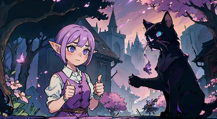 Young 1 elf and black cat, WARNING, Thumbs up , pink and purple short hair, Neutral background, Masterpiece, Best Quality, (hight resolution) (Original) , (very detailed wallpaper) , very, hard shadows, Cinematic shot, dramatic  lighting