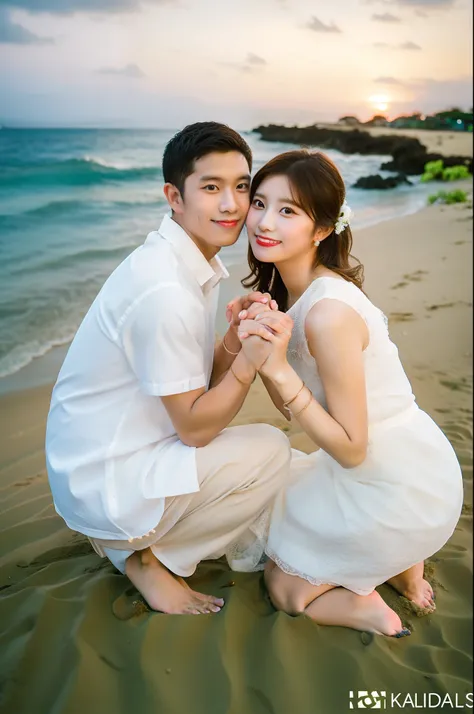 Bride and groom holding hands and kneeling on the sand on the beach, wedding photos, in a beachfront environment, Man proposes his girlfriend, Photo 1 5mm, beginner, okinawa japan, posing on a beach with the ocean, ( ( ( ( Kauai ) ) ) ), photo shot, sittin...