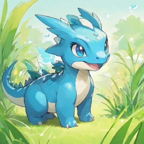 Cute dinosaurs，Grass properties，Three-quarters side，Four ears，Little Wings，Blue colored eyes，masutepiece, Best Quality，Single-color background