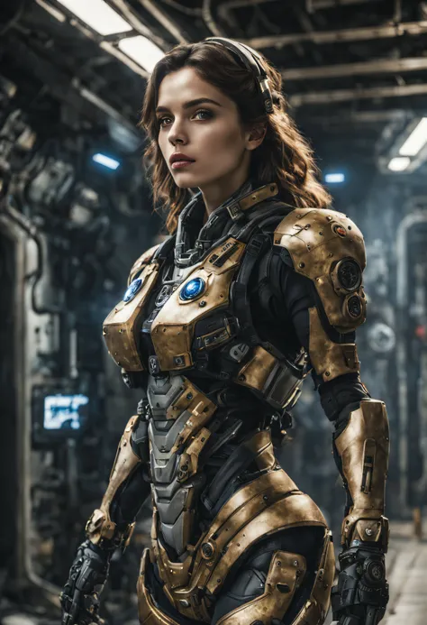 cuerpo completo, mujer alienigena extraterrestre, considerada como una de las razas mas bellas de la galaxia, parecida a cailee spaeny, con una cara, ojos y labios sensuales, vestida con uniforme sexy, mezca de gears of war y laminas de oro, se encuentra e...