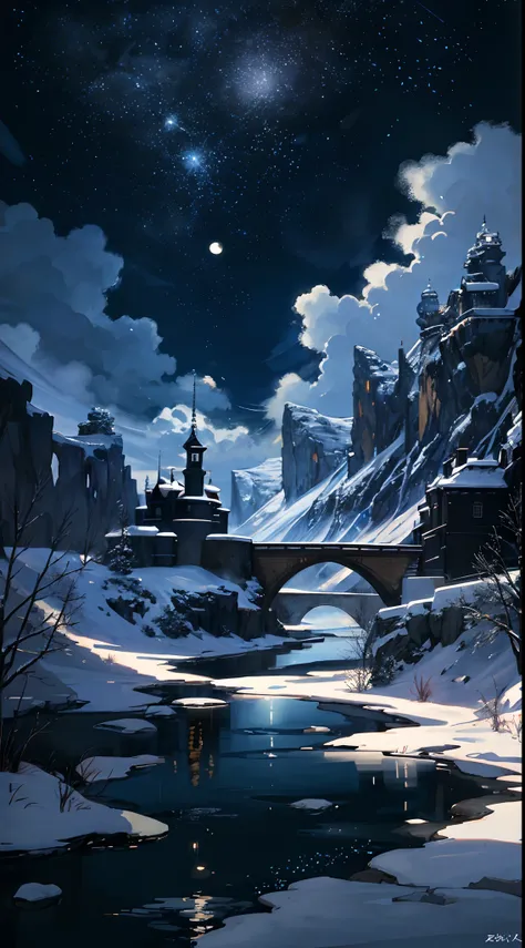 A painting of a river with stars and moon in the sky, concept art inspired by Tosa Mitsuoki, pixiv contest winner, best quality, fantasy art, beautiful anime scene, a bright moon, moonlit starry environment, dream painting, Anime Background Art, Fantasy La...