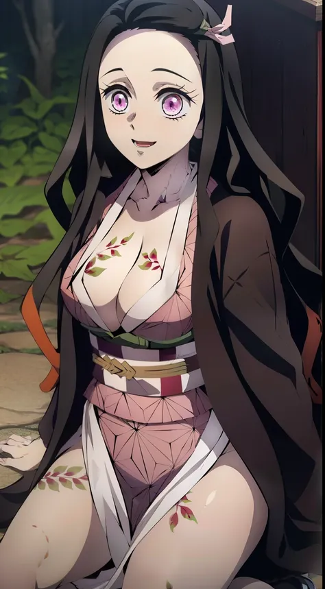 the night, Night Forest, Kneeling, buttocks, Erotica, half naked, Sexy, Smiling, (Nezukokamado, Nezuko Kamados masterpiece, ssmile, joying), Long black hair with orange tips, Ribbon Hair, hairlong, multi-colored hair, (pink eyes: 1.5) Bright, orange hair, ...