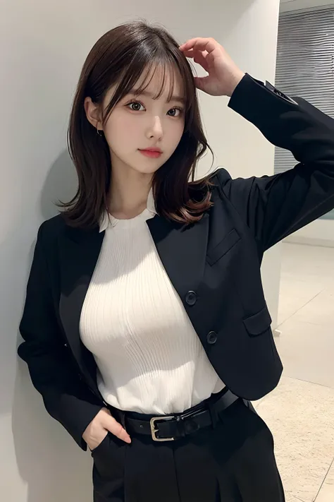 ​masterpiece、flat-colors、depth of fields、lens flare 1 girl、、Brown hair、watching at viewers　　　　a belt　black suspenders　Social OL　　　Too large breasts　　　 　 Armpit sweat　perspiring　Side of both hands　　walls: Black Suit　Black pants, Black jacket