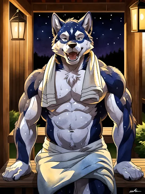 muscular anthro husky posing for the camera, sitting on porch, hand raised, touching himself. 4k, high resolution, best quality, posted on e621, solo, anthro body, anthro husky, older male, male, adult, masculine, (very muscular, thick build, pectorals:1.2...