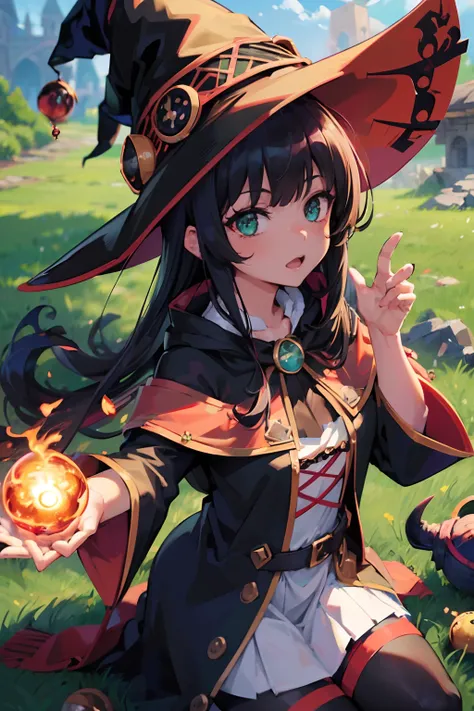 (masutepiece, Best Quality, Ultra High Resolution),1girl in,Witch Hat, beautiful and detailed face, Detailed eyes,Obsidian hair,((witch outfit)),Have a green fireball