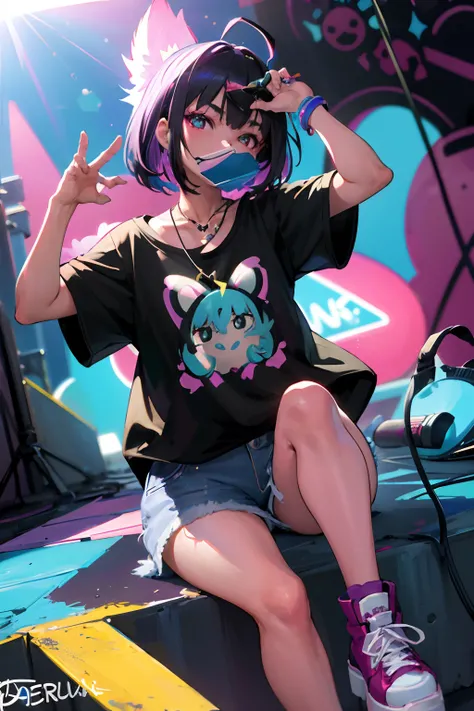 absurderes, hight resolution, ultra-detailliert, (1 girl:1.3)
1 colorful girl, (Oversized T-shirt:1.2), Vibrant Patterns, Layer Look, Ripped jeans, Platform sneakers, Chunky necklace, Bold makeup
break
Backlight, (Lens Flare:1.3), Neon light, graffiti wall...