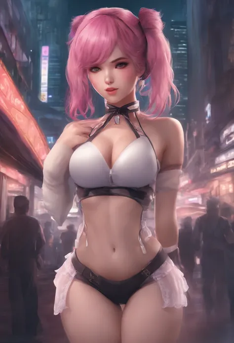 masterpiece, best quality, in the cyberpunk city, comic, girl, waitress, medium hair, pink hair, ahoge, twintails, bangs, hair bow, light blush, cute face, naughty_face, one breast out, lingerie, underwear, uwabaki, skirt lift,