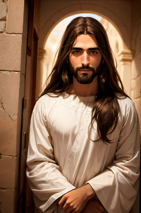 Arafed homem com cabelo longo , Vestido como Jesus Cristo, sem barba no campo